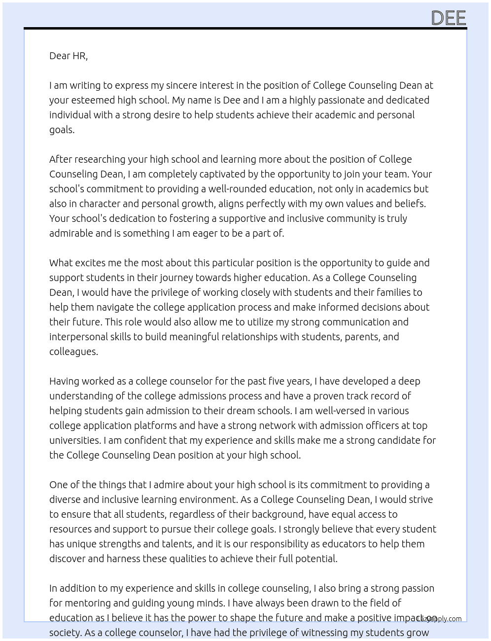 college counseling dean At high school Cover Letter