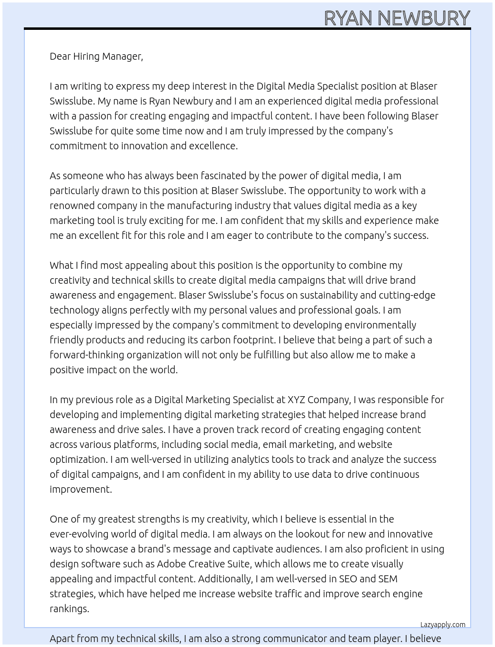Digital Media Specialist At Blaser Swisslube Cover Letter