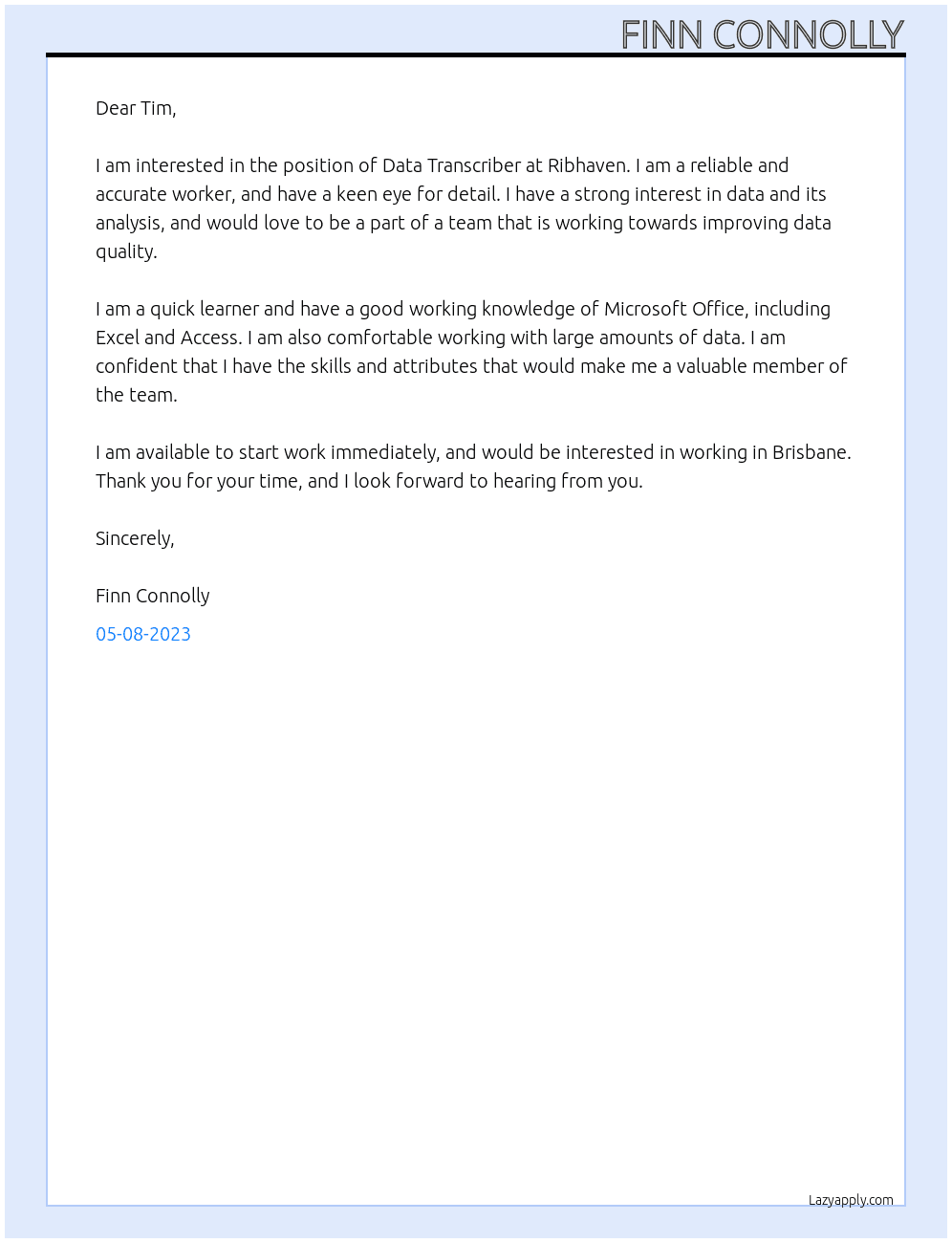 Data Transcriber At Ribhaven Cover Letter