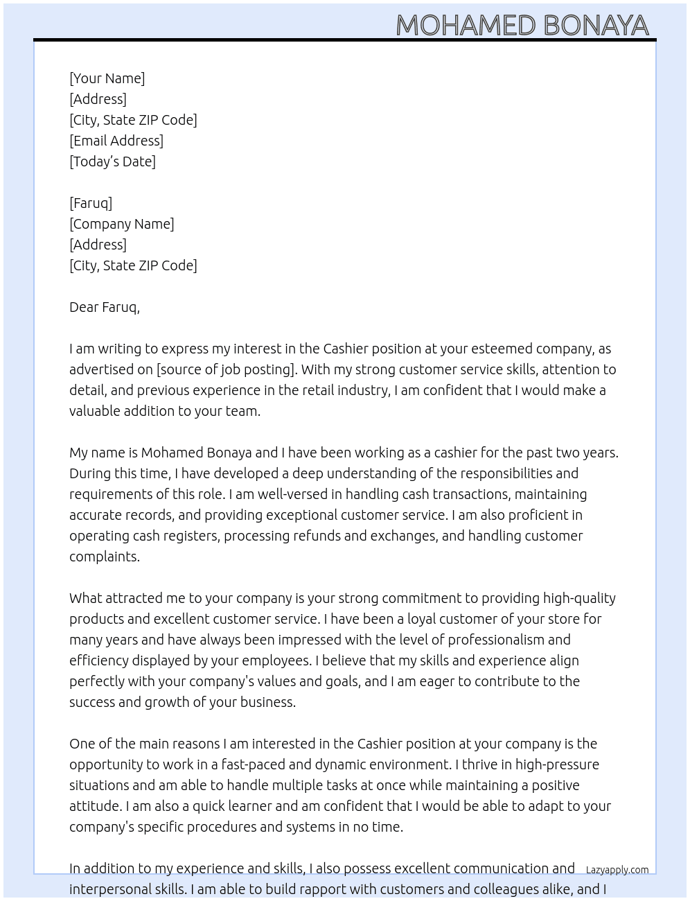 Cashier  At Faruq  Cover Letter