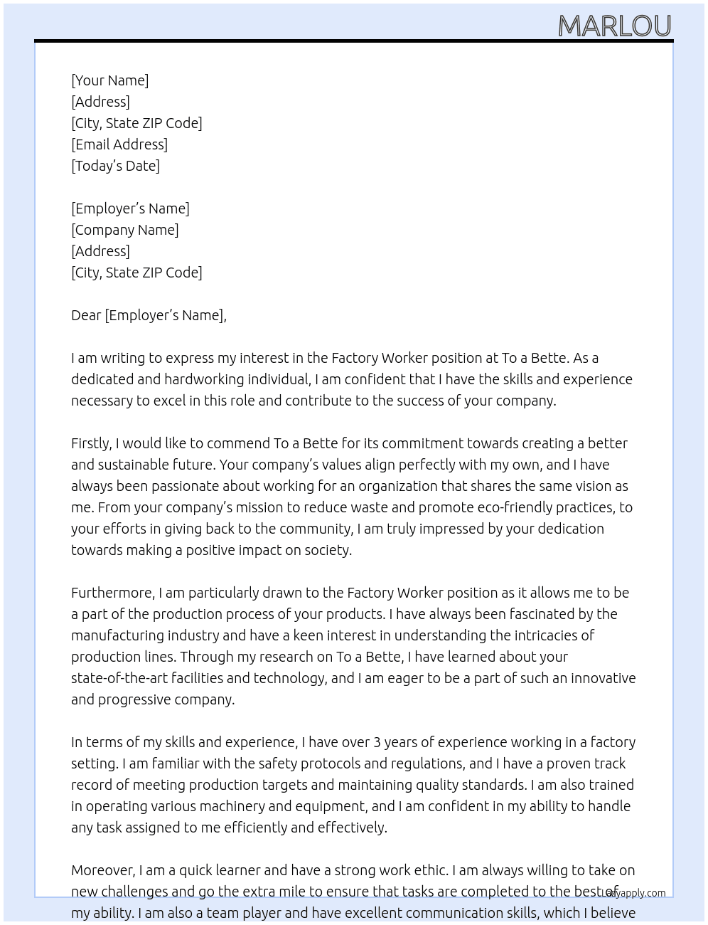 Factory worker At To a bette Cover Letter