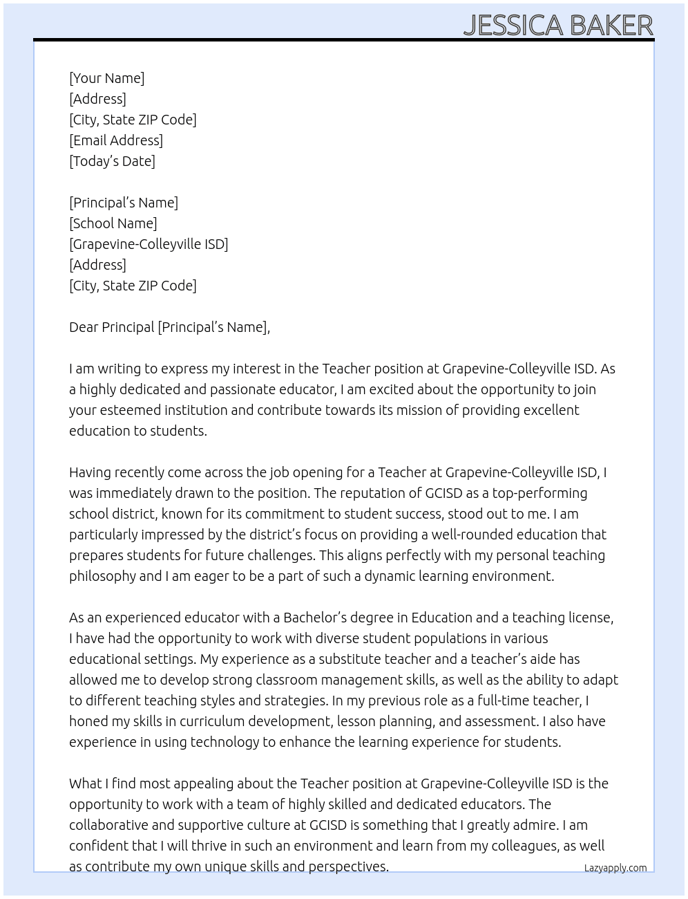 Teacher At Grapevine-Colleyville ISD Cover Letter