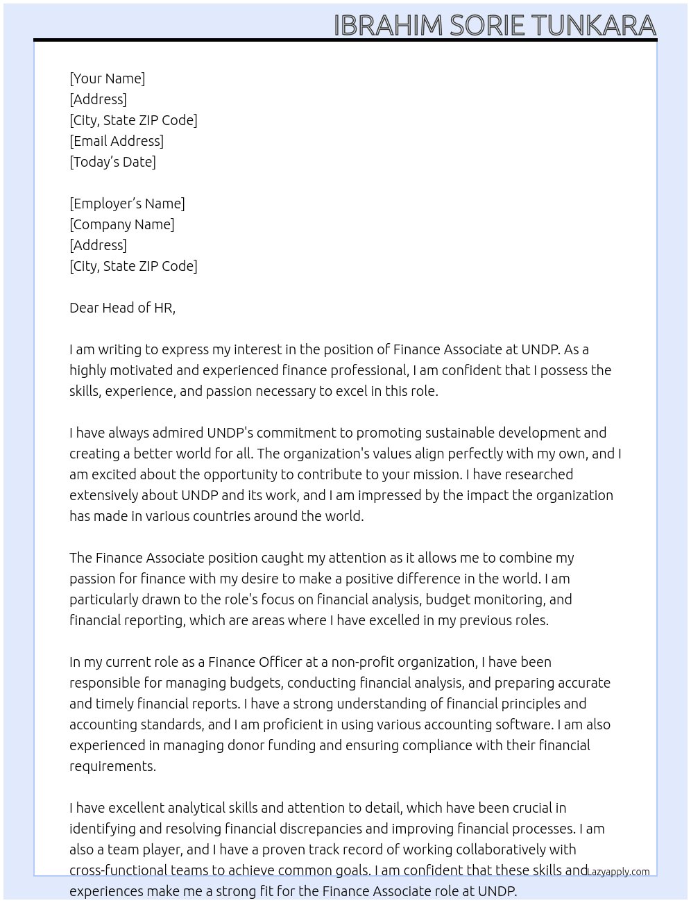 finance associate  At UNDP Cover Letter