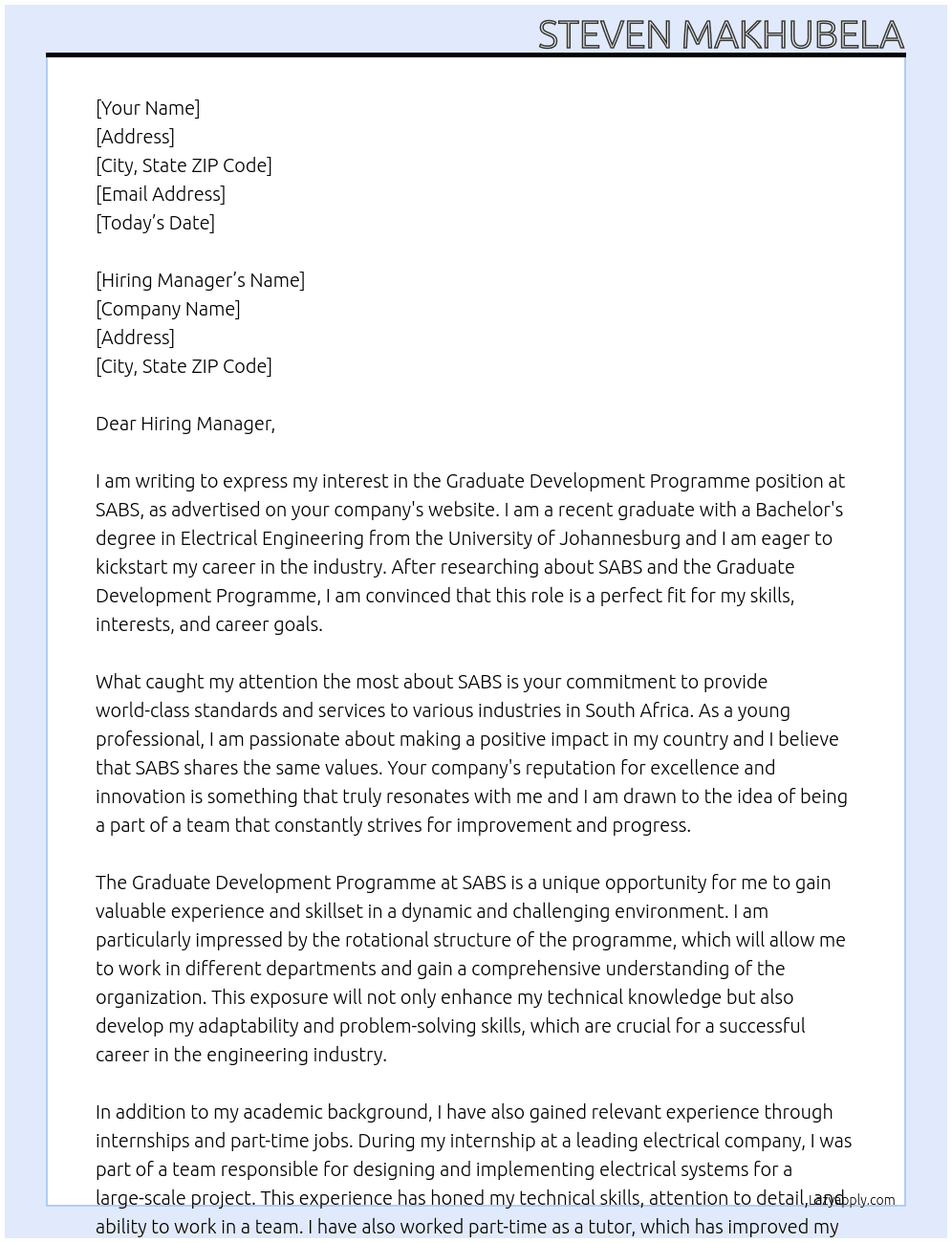 GRADUATE DEVELOPMENT PROGRAMME At SABS Cover Letter