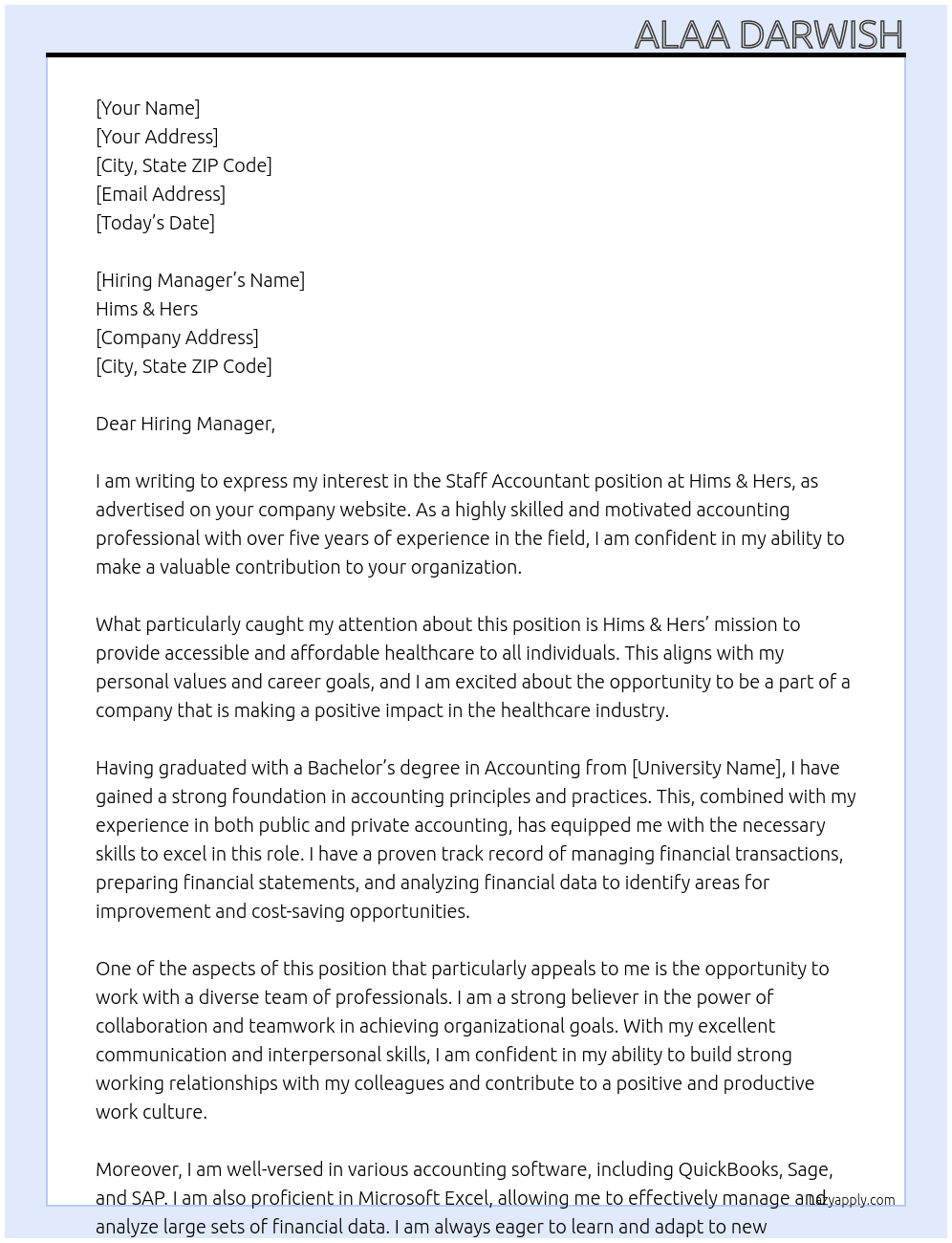 Staff Accountant At Hims & Hers Cover Letter