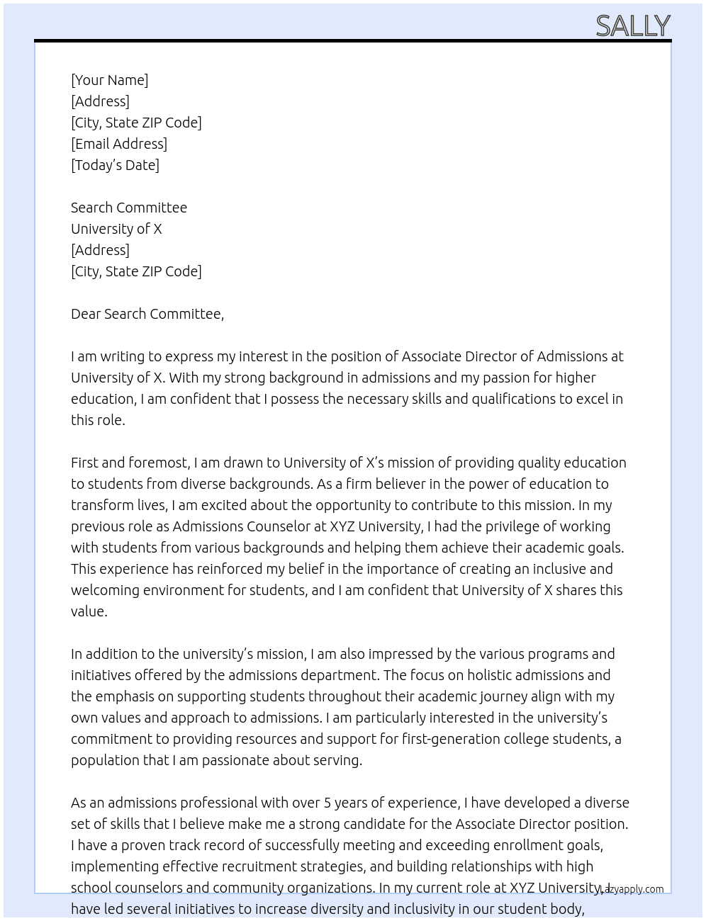 ASSOCIATE DIRECTOR ADMISSIONS At University of X Cover Letter