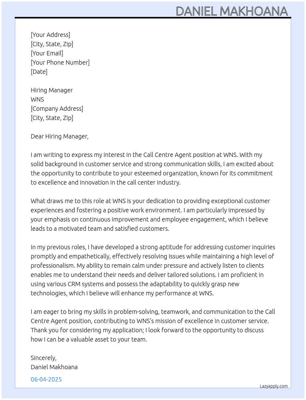 Call Centre Agent  At WNS Cover Letter