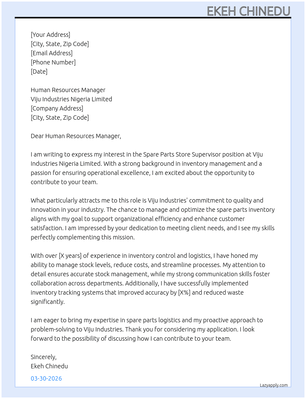 Cover letter for spare parts store supervisor - LazyApply