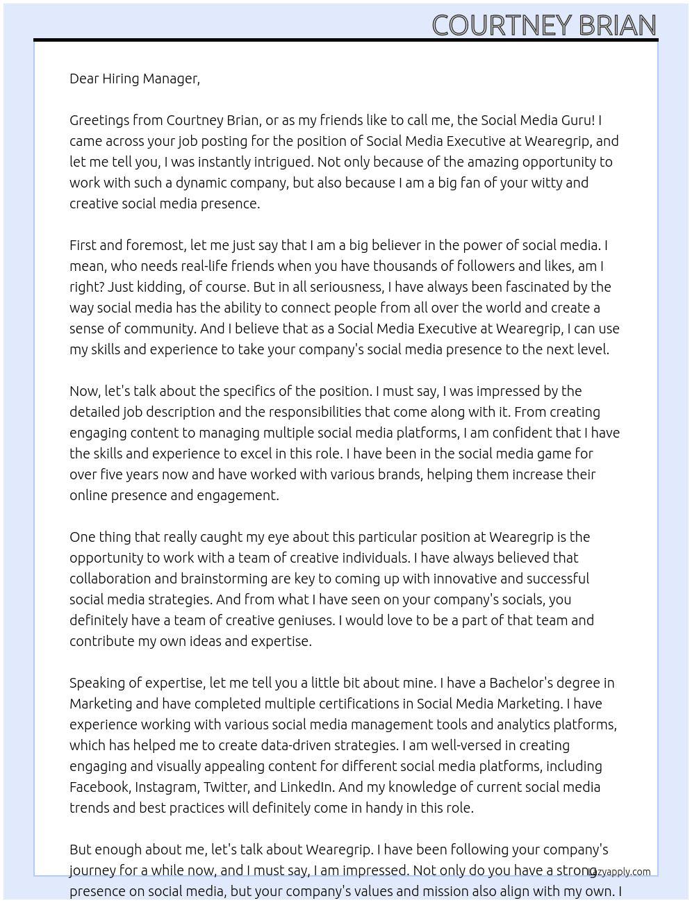 Social Media Executive At Wearegrip Cover Letter