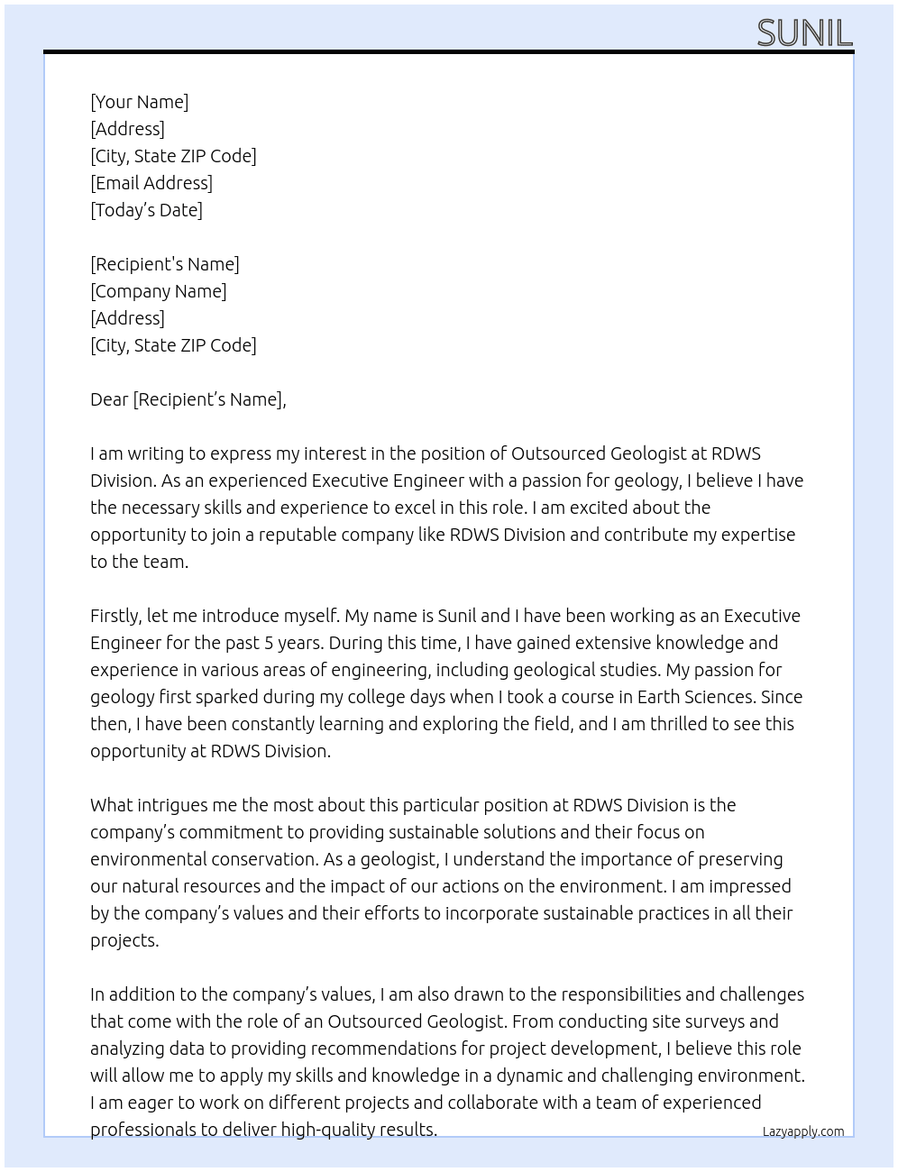 Outsorce geologist At Rdws division  Cover Letter