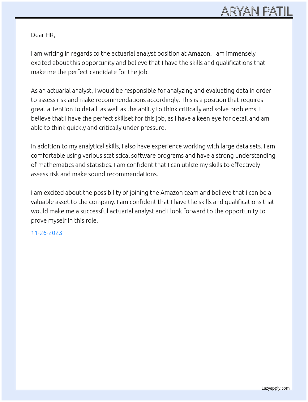 Actuarial analyst At Amazon Cover Letter