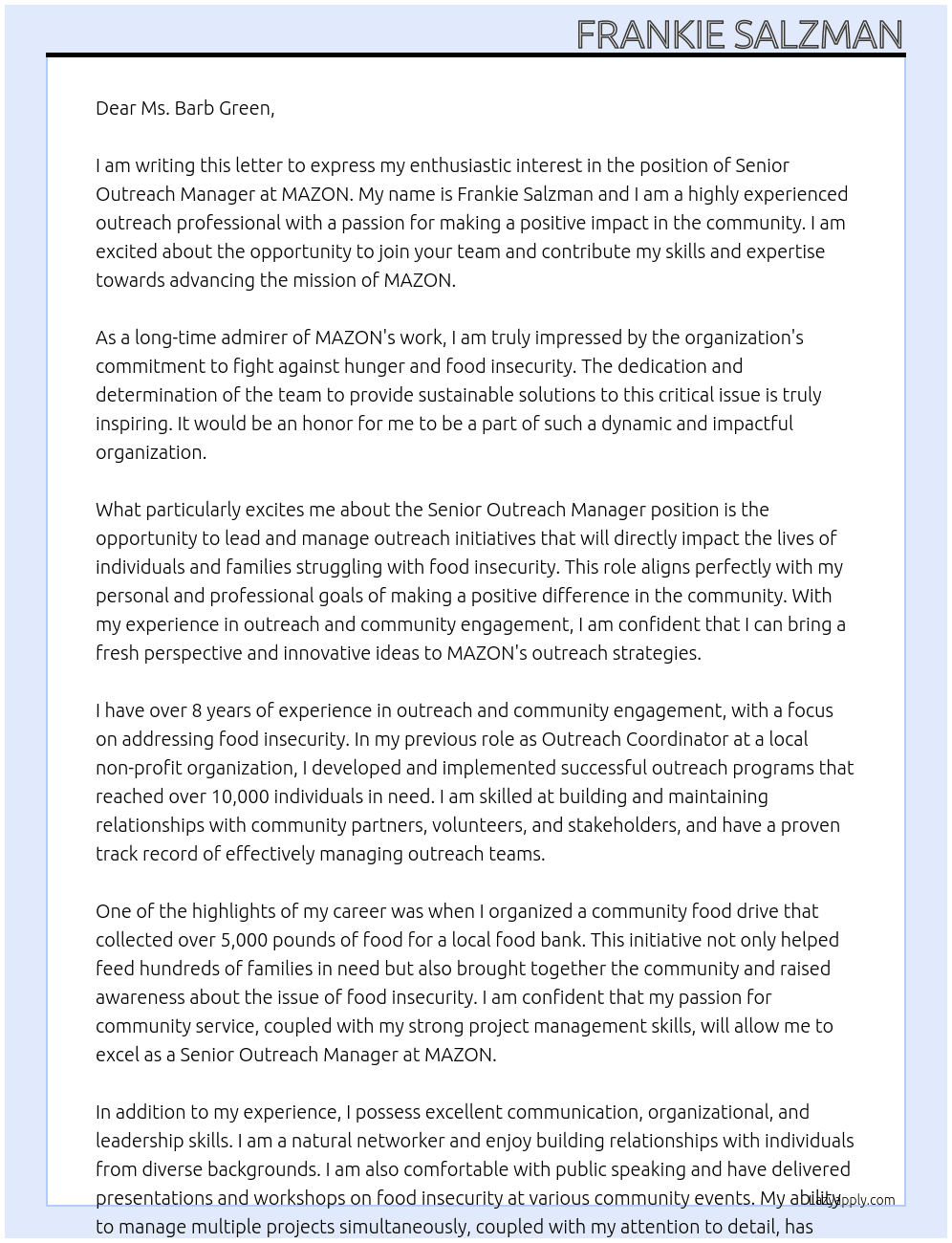 Senior Outreach Manager At MAZON Cover Letter