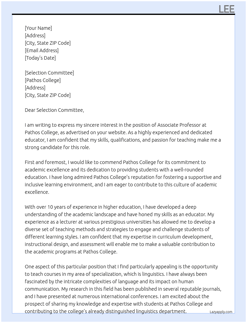associate professor At Pathos College Cover Letter