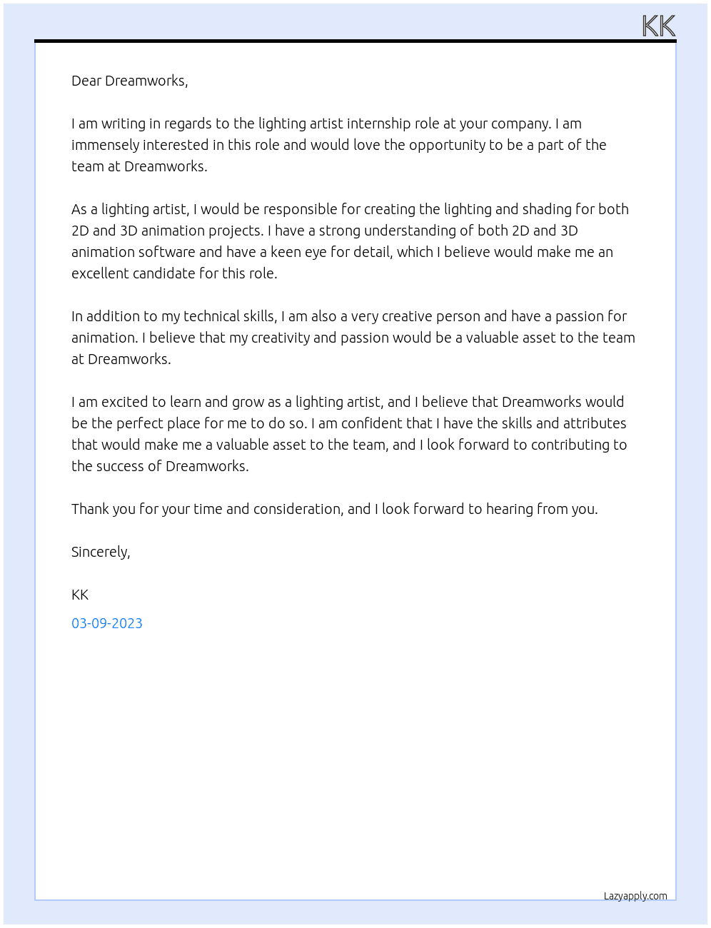 lighting artist At dreamworks Cover Letter