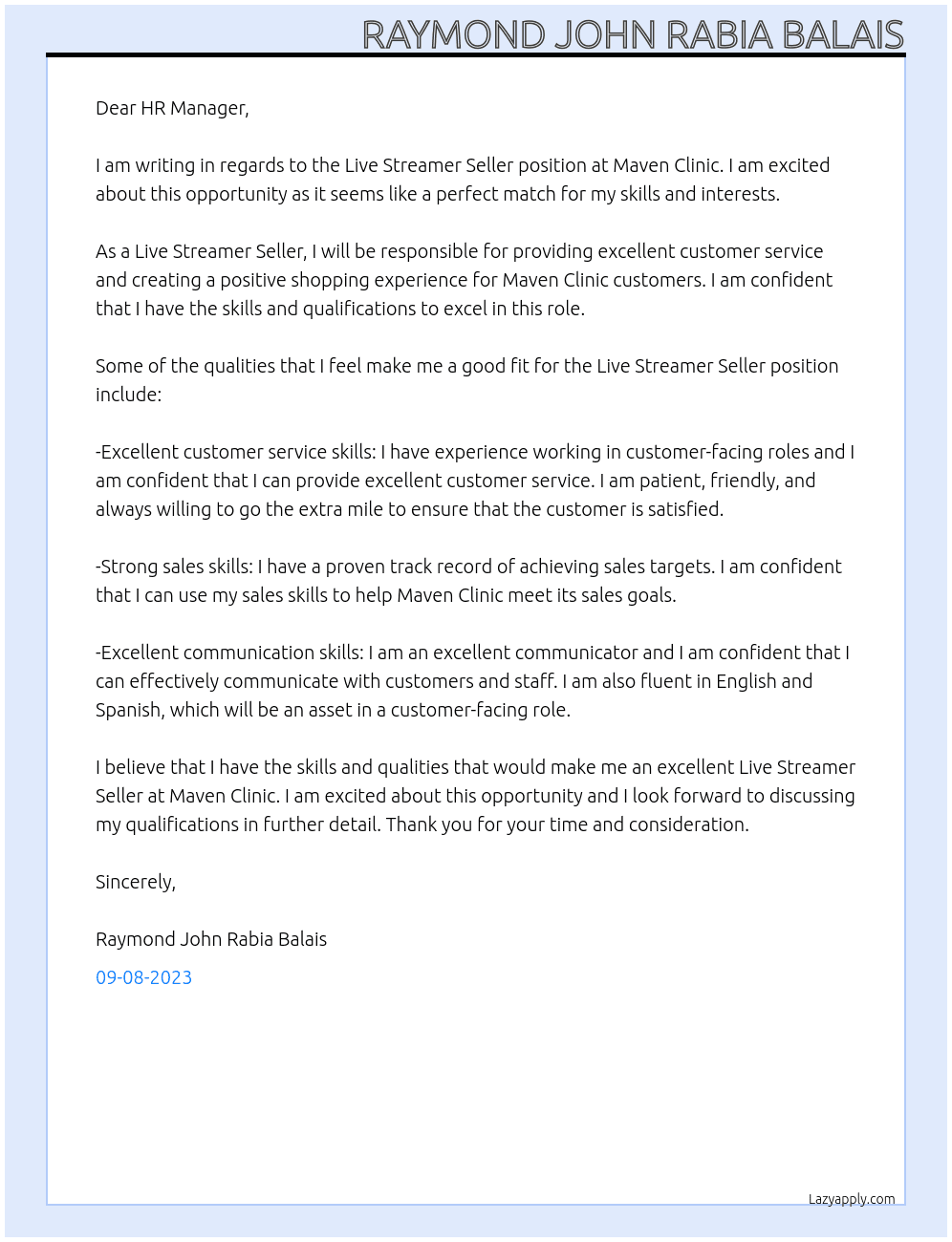 Live Streamer Seller At Maven Clinic Cover Letter