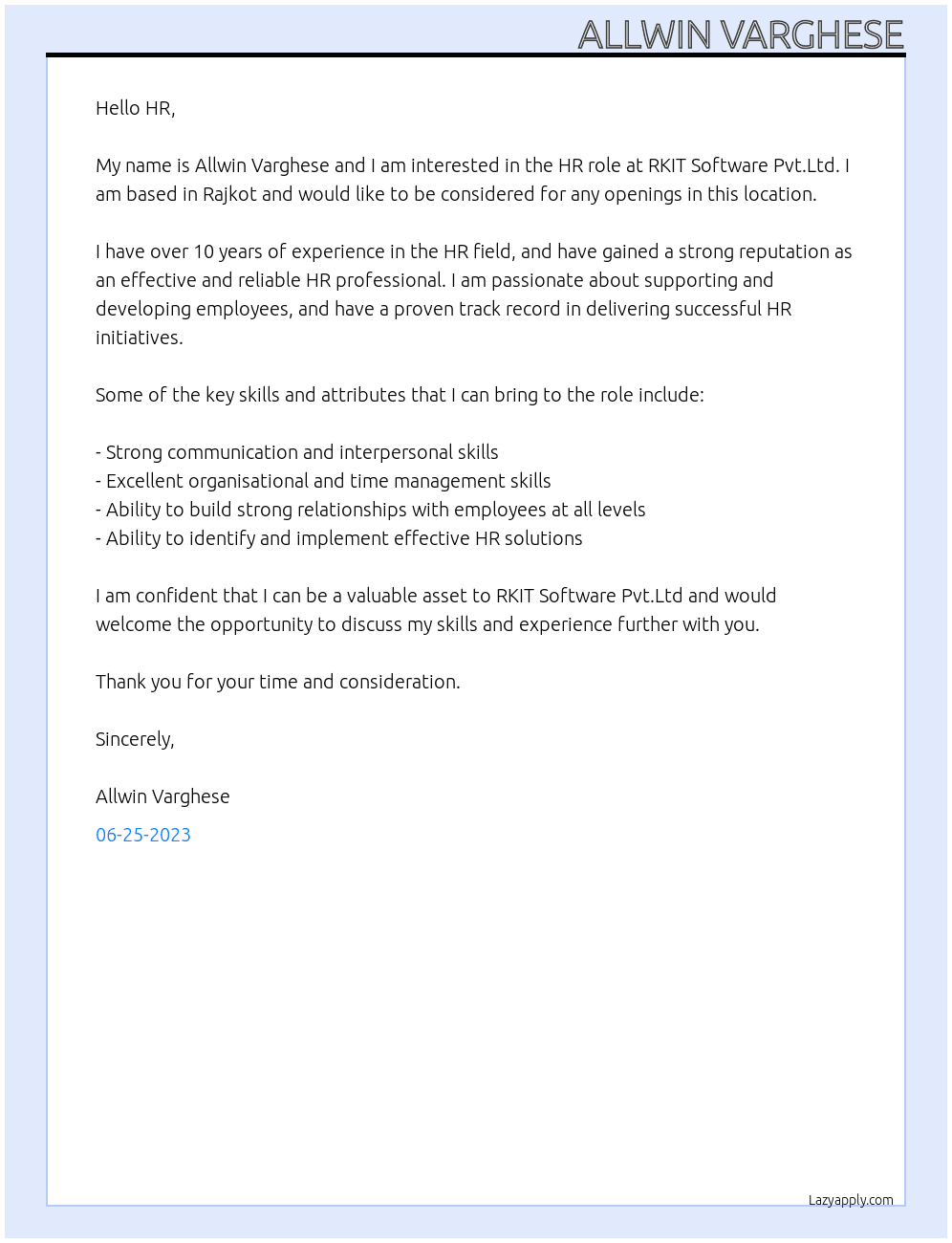HR At RKIT Software Pvt.Ltd Cover Letter