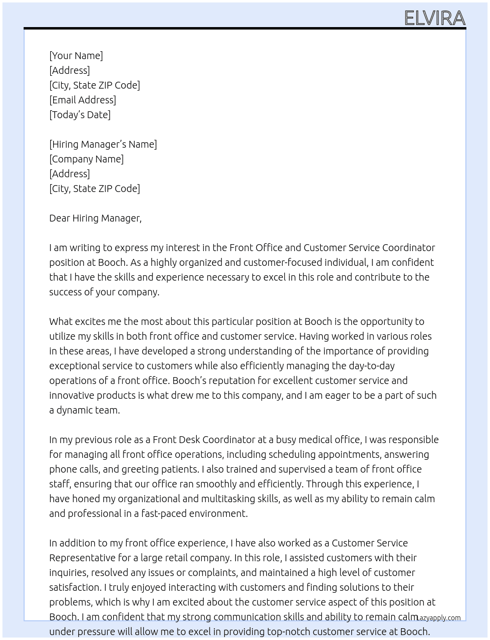 fRONT OFFICE AND CUSTOMER SERVICE COORDINATOR At Booch Cover Letter
