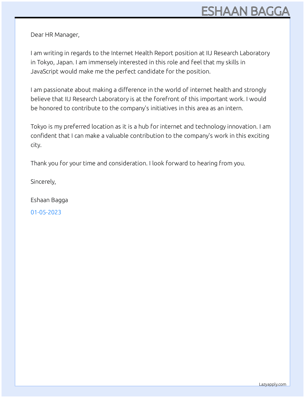 Internet Health Report At IIJ Research Laboratory, Tokyo, Japan Cover Letter