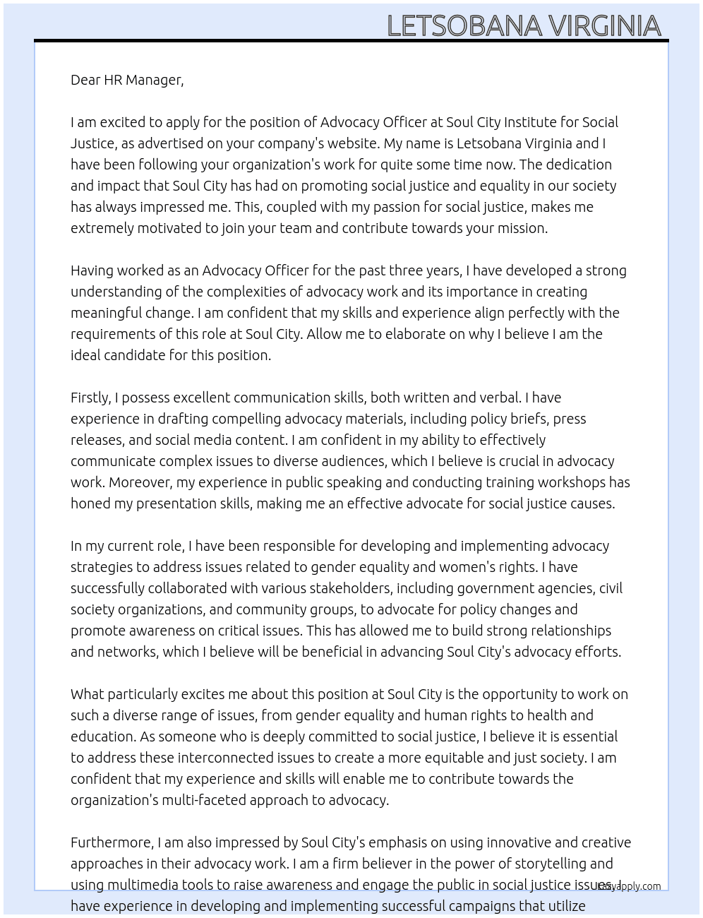 Advocacy officer At Soul city institute for social justice  Cover Letter