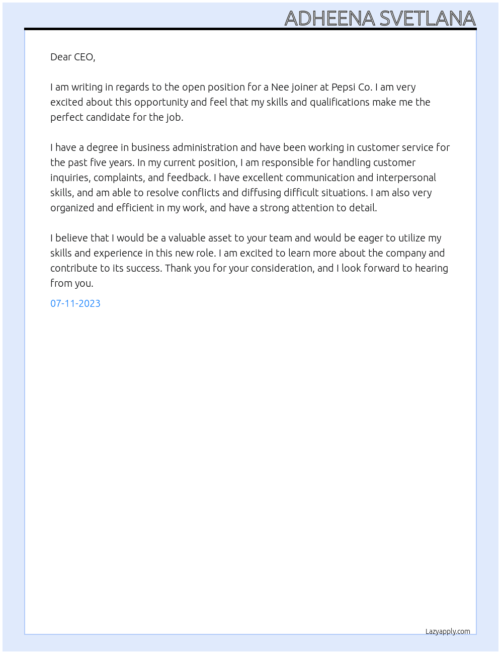 Nee joiner At Pepsi co Cover Letter