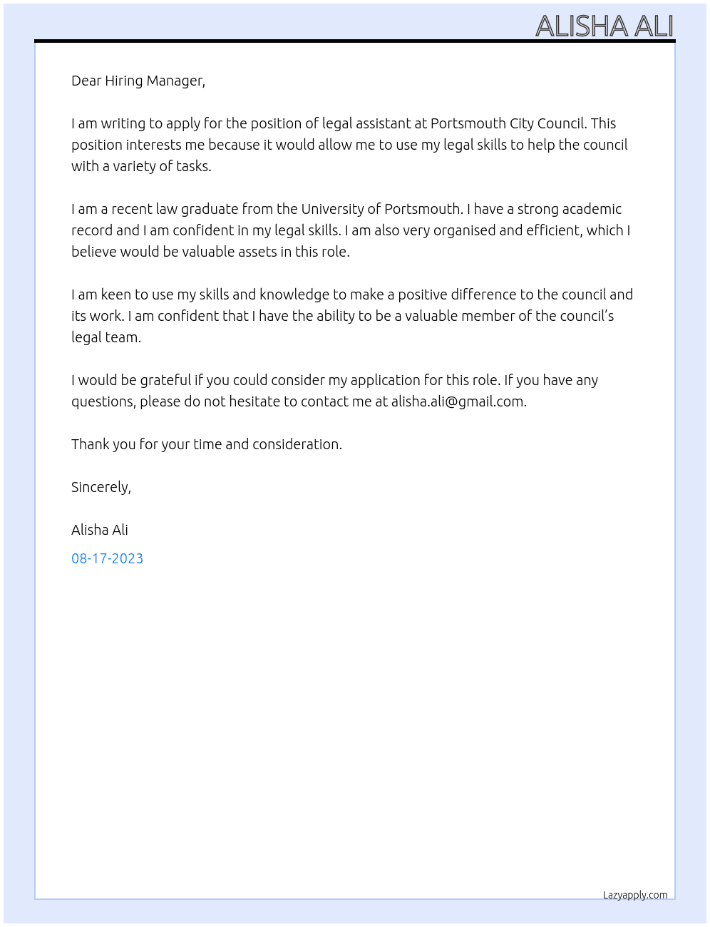 legal assistant At Portsmouth City Council Cover Letter