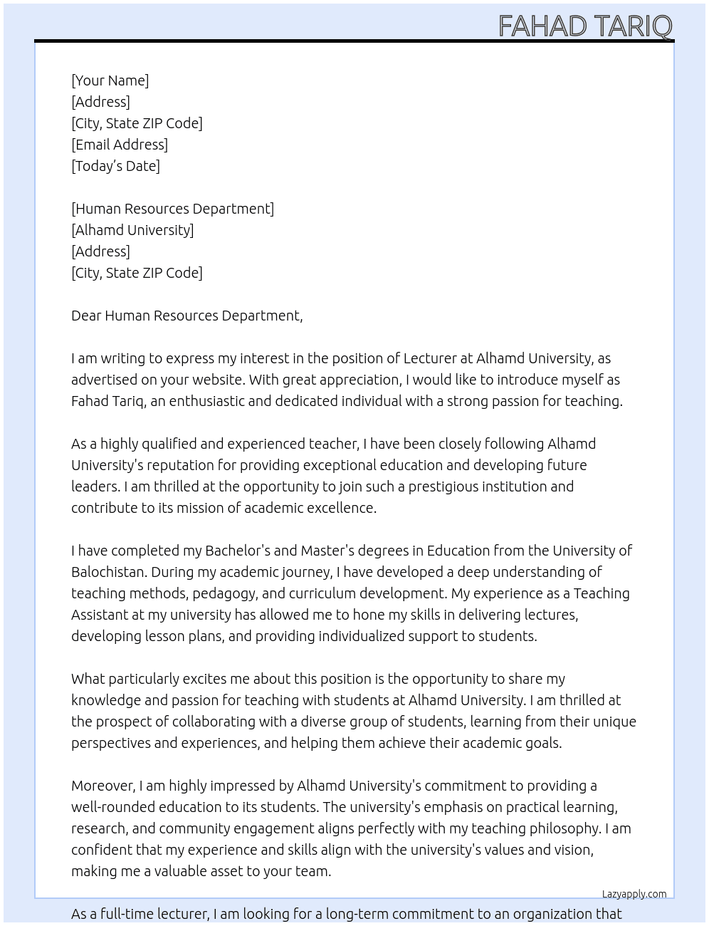 lecturer At alhamd university Cover Letter