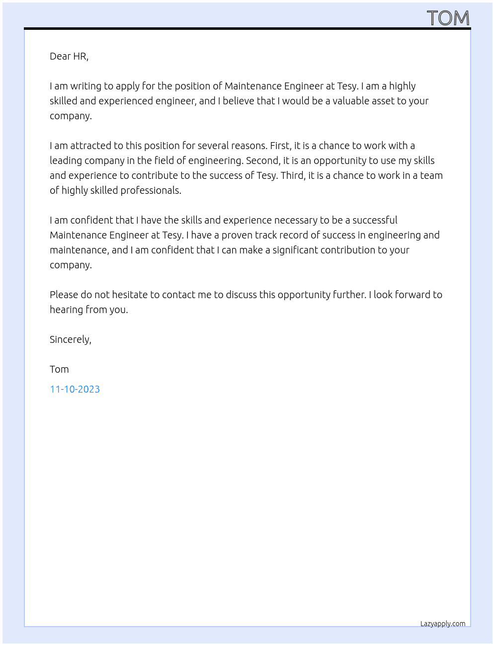 Maintenance Engineer At Tesy Cover Letter