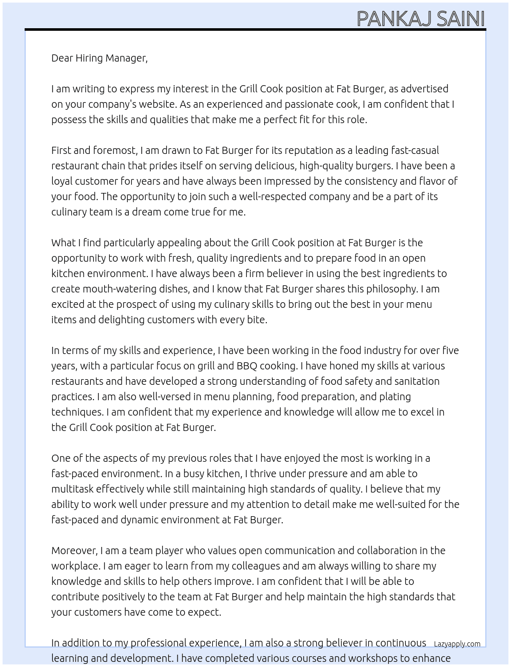 Grill Cook At Fat Burger Cover Letter