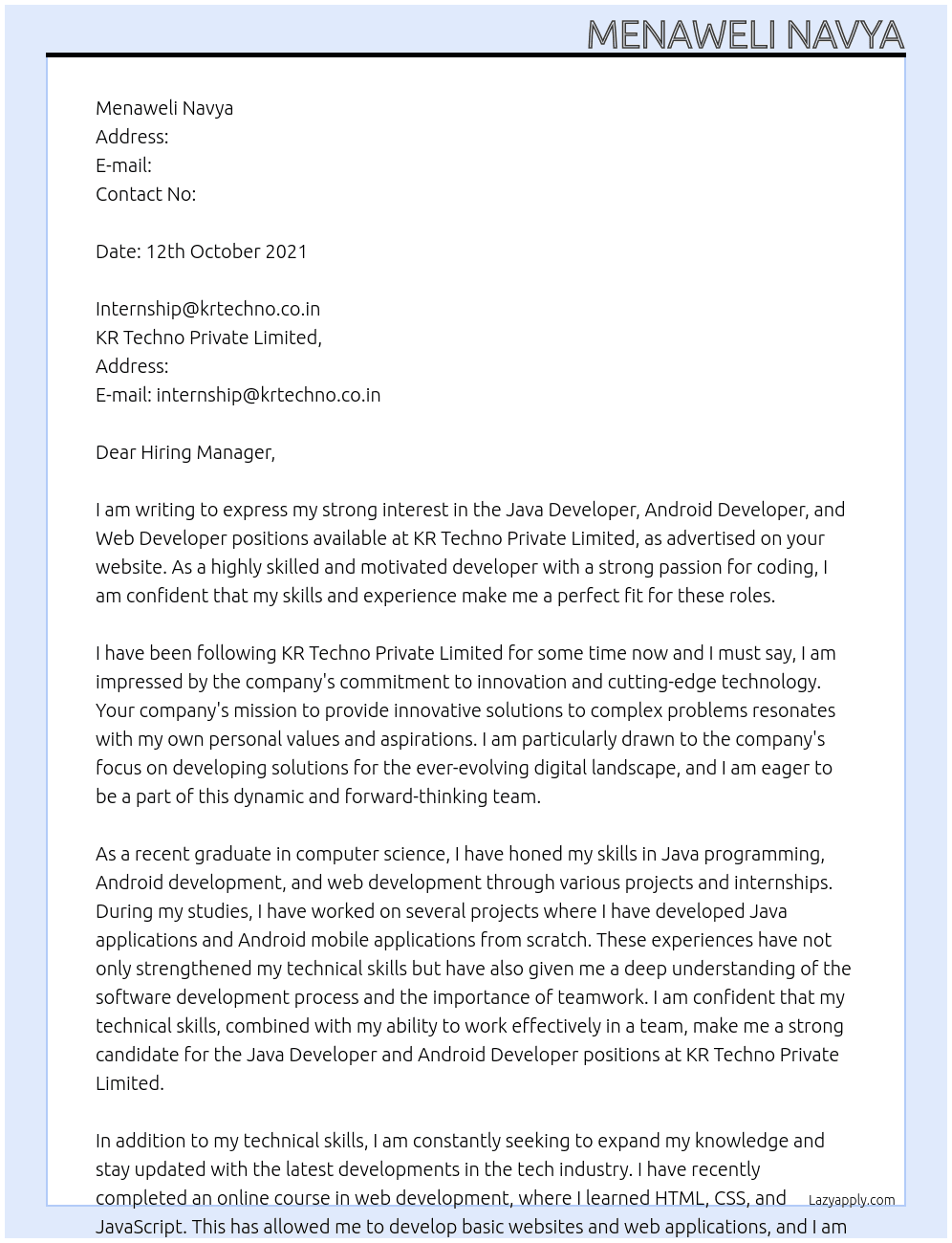 Java Developer, Android Developer, Web Developer At KR Techno Private Limited, Cover Letter