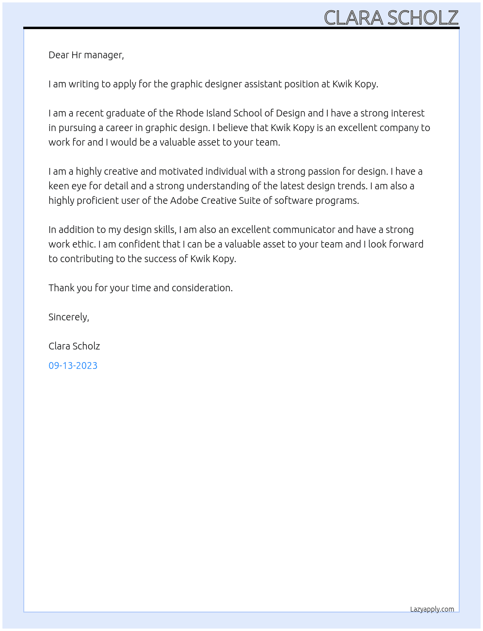 graphic designer assistant At Kwik Kopy Cover Letter