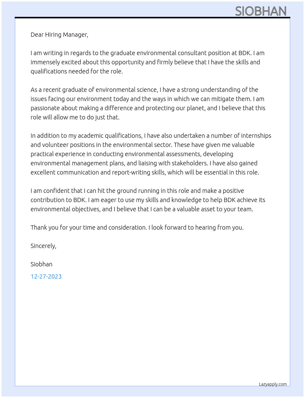 graduate environmental consultant  At BDK Cover Letter