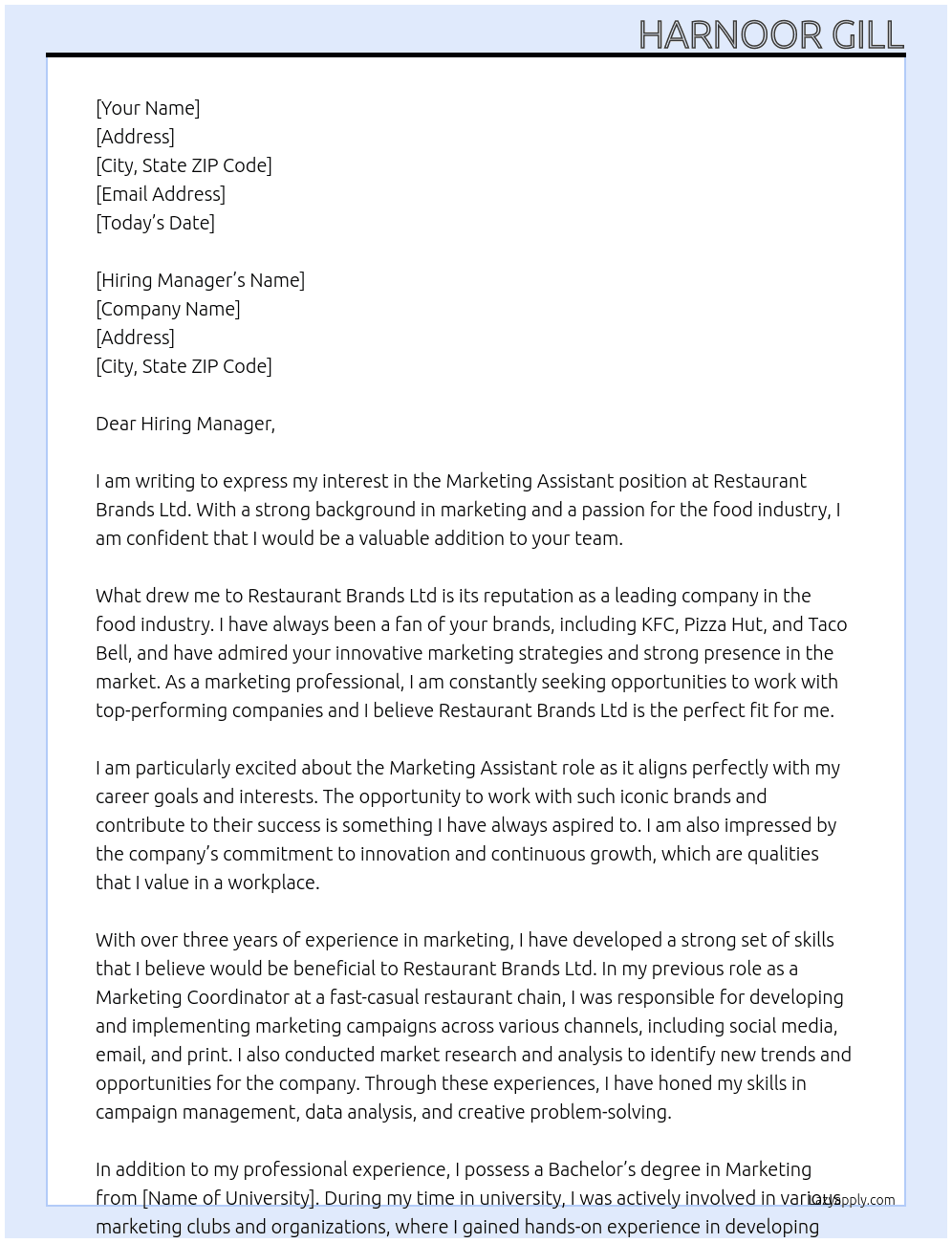 Marketing Assistant At Restaurant Brands Ltd Cover Letter