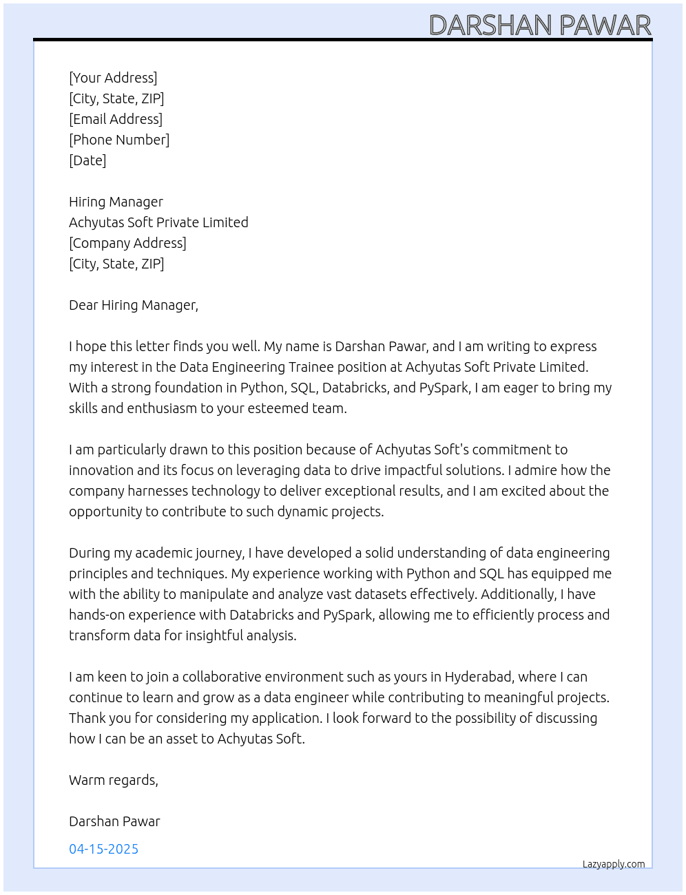 Cover letter for data eng.trainee - LazyApply
