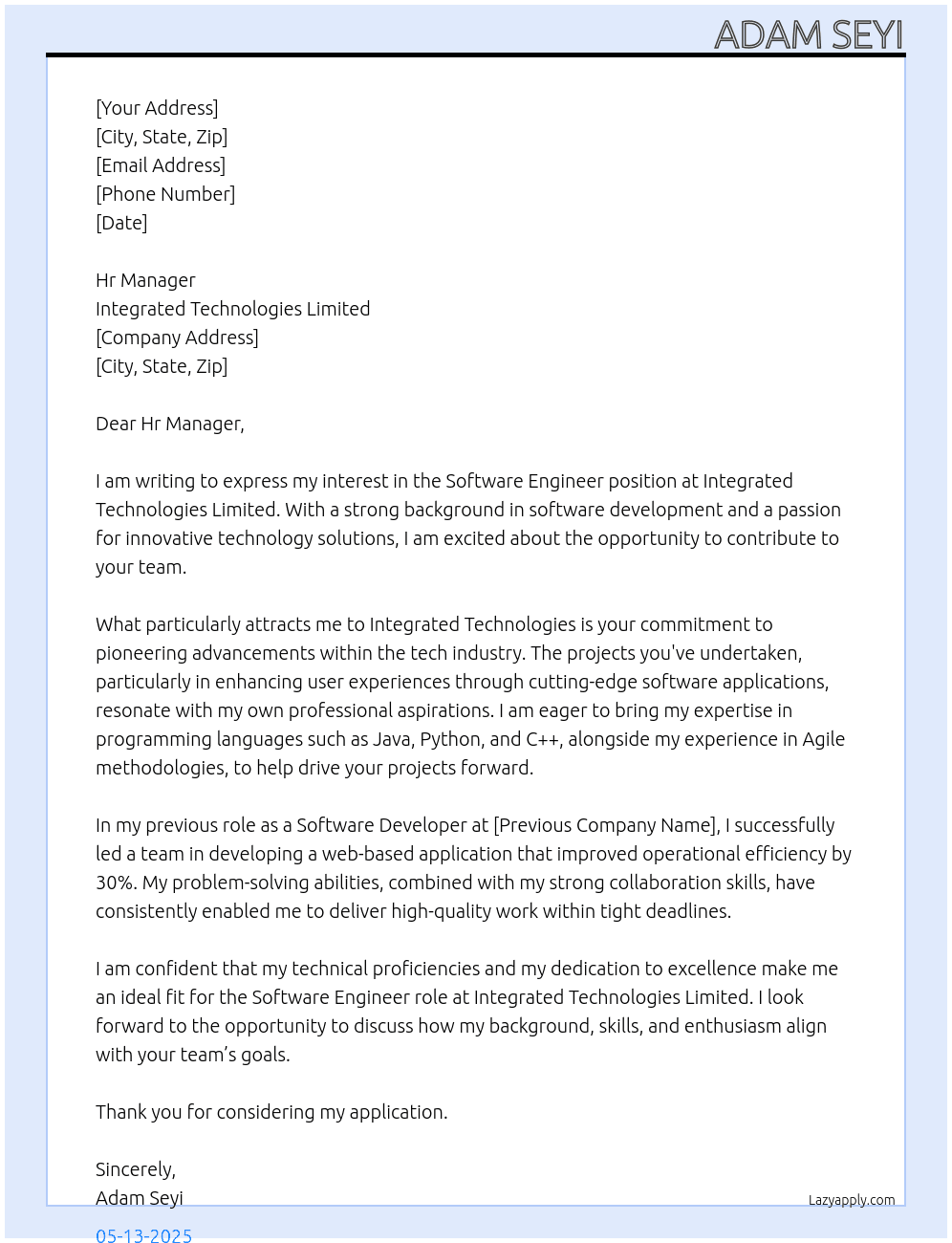 Software Engineer At Integrated technologies Limited Cover Letter