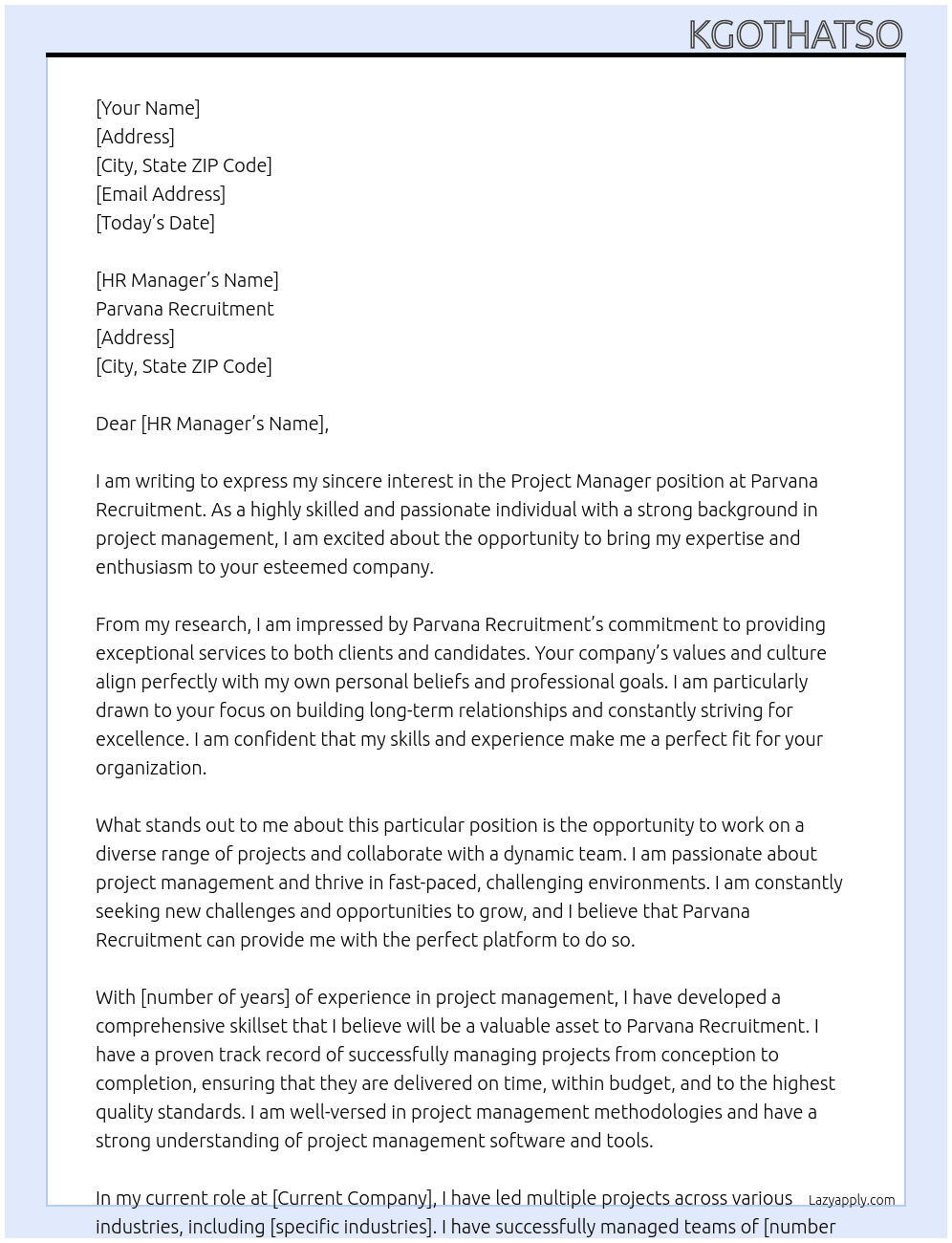 Project manager At Parvana Recruitment  Cover Letter
