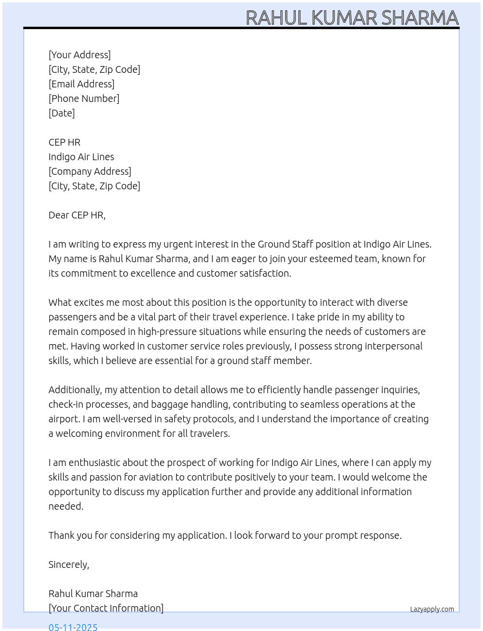 Ground staff At Indigo air lines Cover Letter