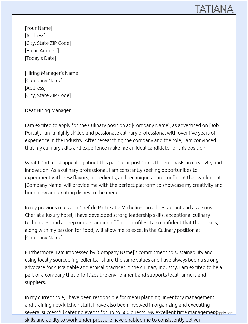 Culinary At culinary  Cover Letter