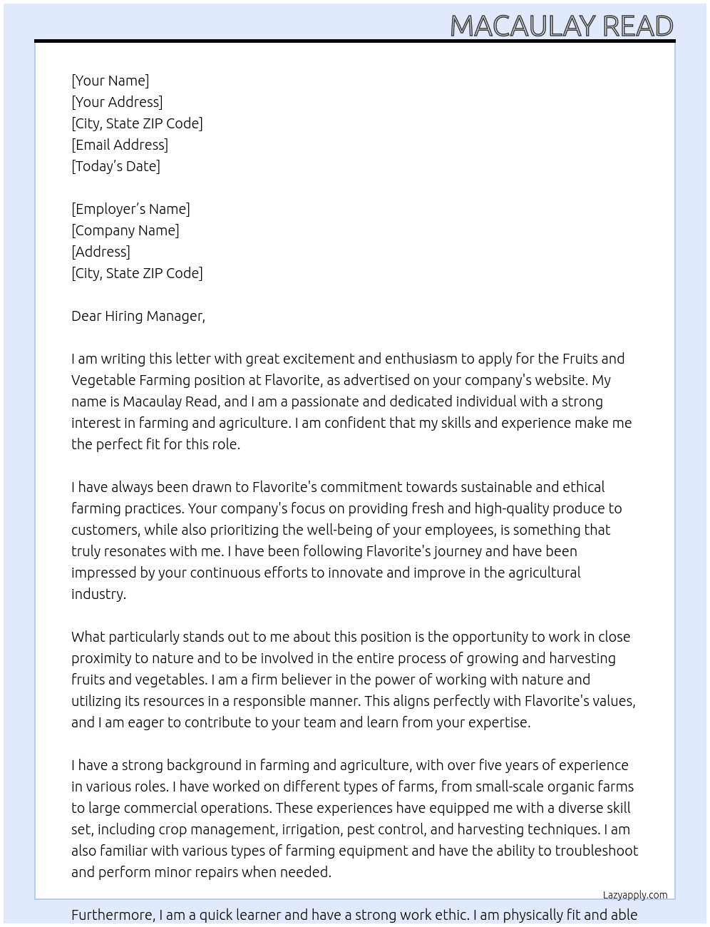 Fruits and vegetable farming positions  At Flavorite Cover Letter