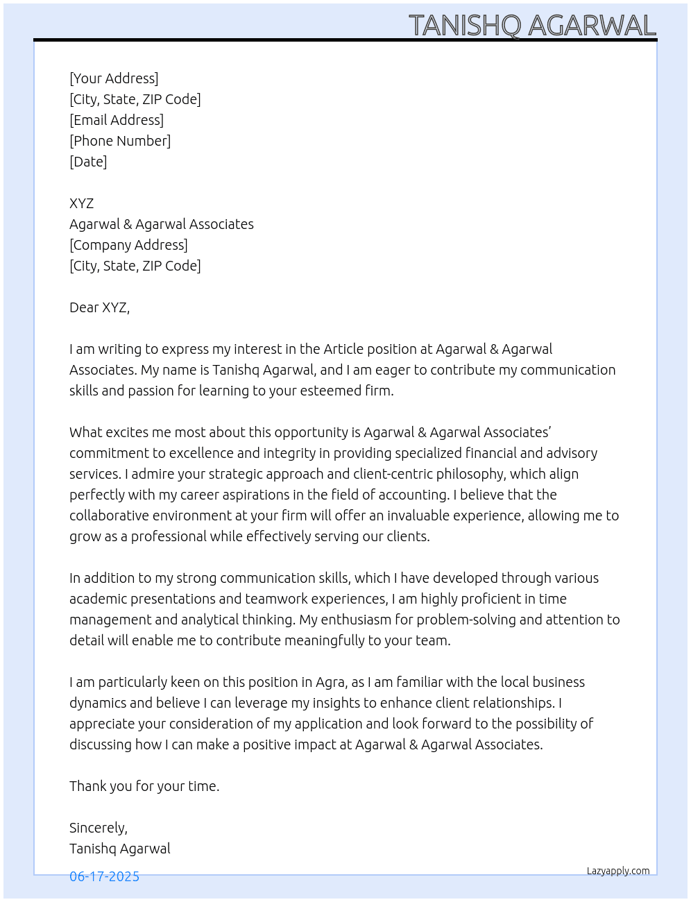 ARTICLESHIP At AGARWAL & AGARWAL ASSOCIATES Cover Letter
