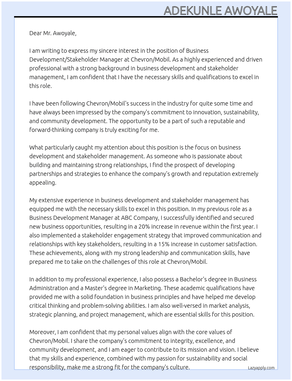 Business Development/Stakeholder Manager At CHEVRON/MOBIL Cover Letter