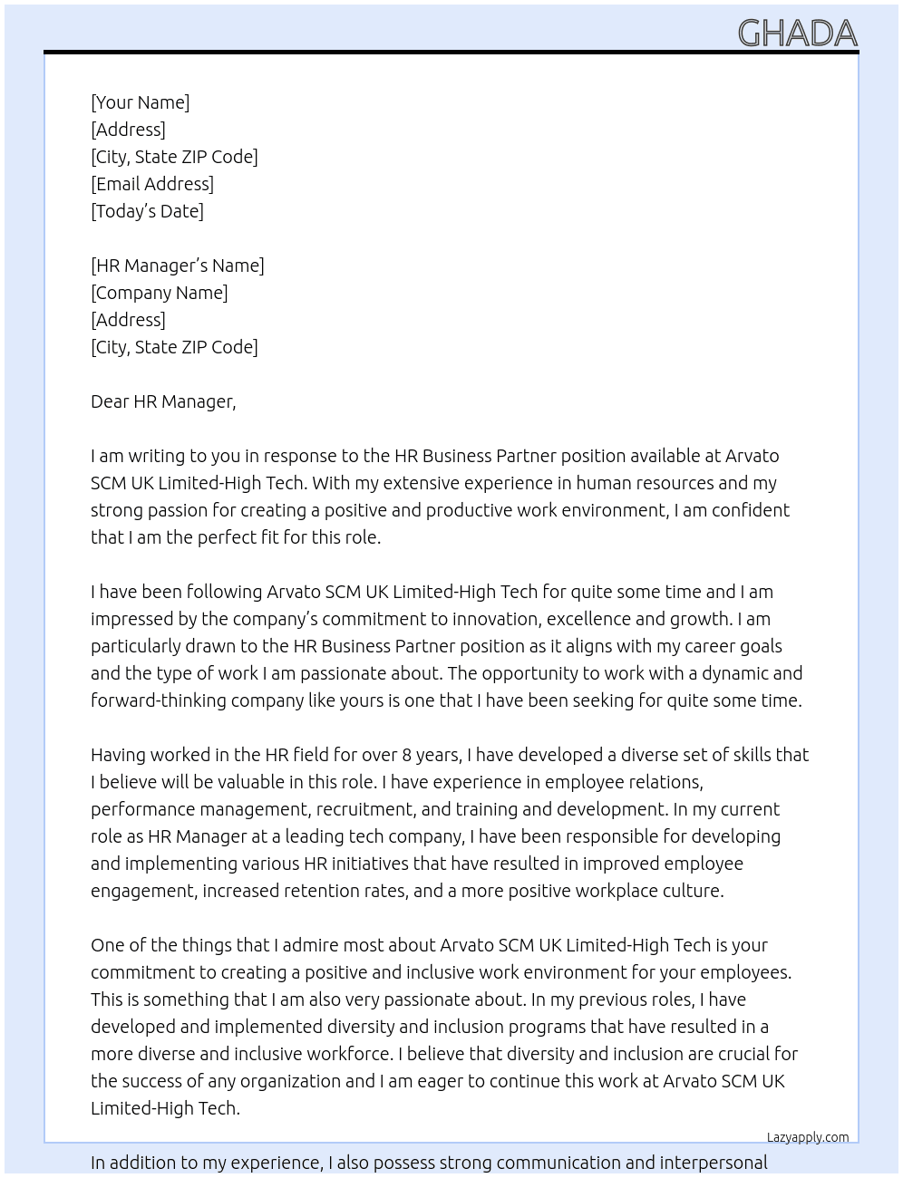 HR business partner At Arvato SCM UK Limited-High Tech Cover Letter