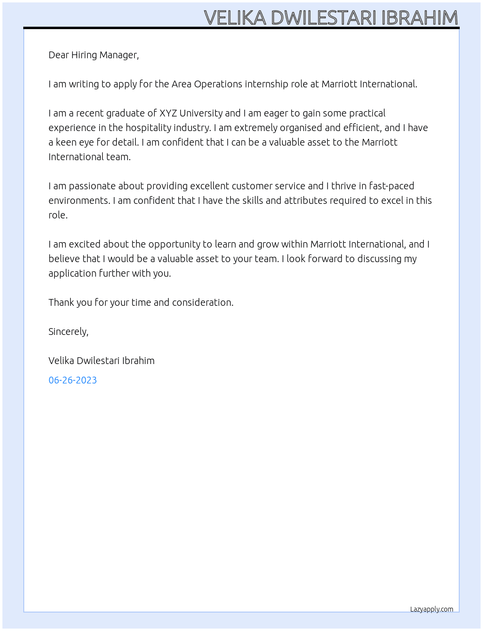 Area Operation At Marriot Internation Cover Letter