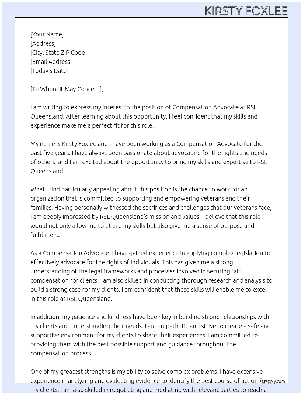 Compensation Advocate At RSL Queensland Cover Letter
