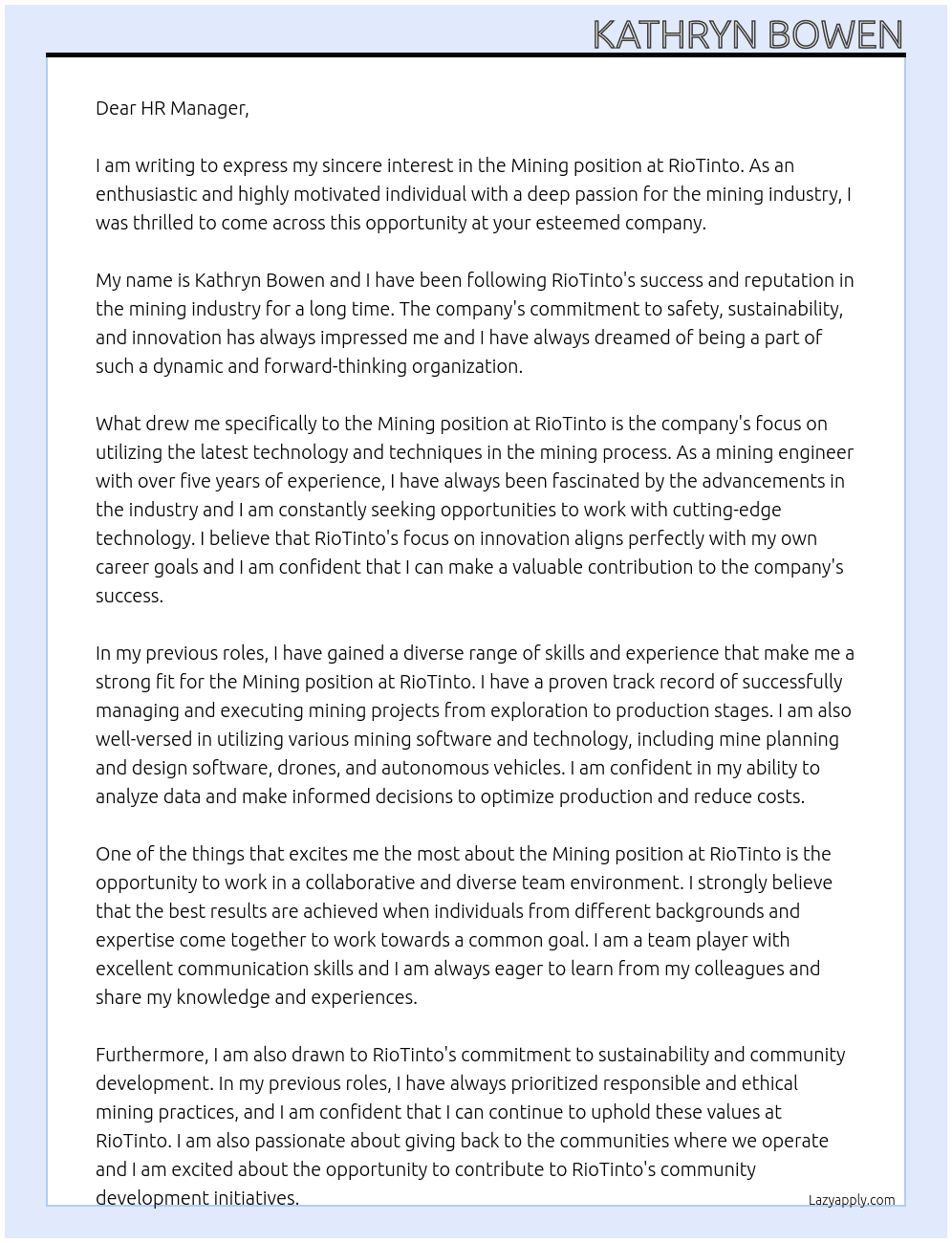 Mining At RioTinto Cover Letter