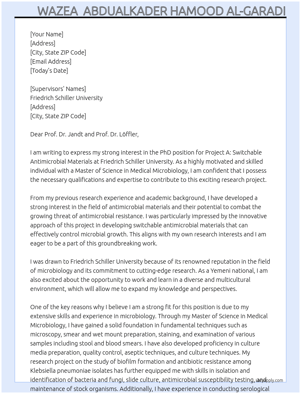 PhD position Project A: Switchable antimicrobial materials At Friedrich Schiller University  Cover Letter