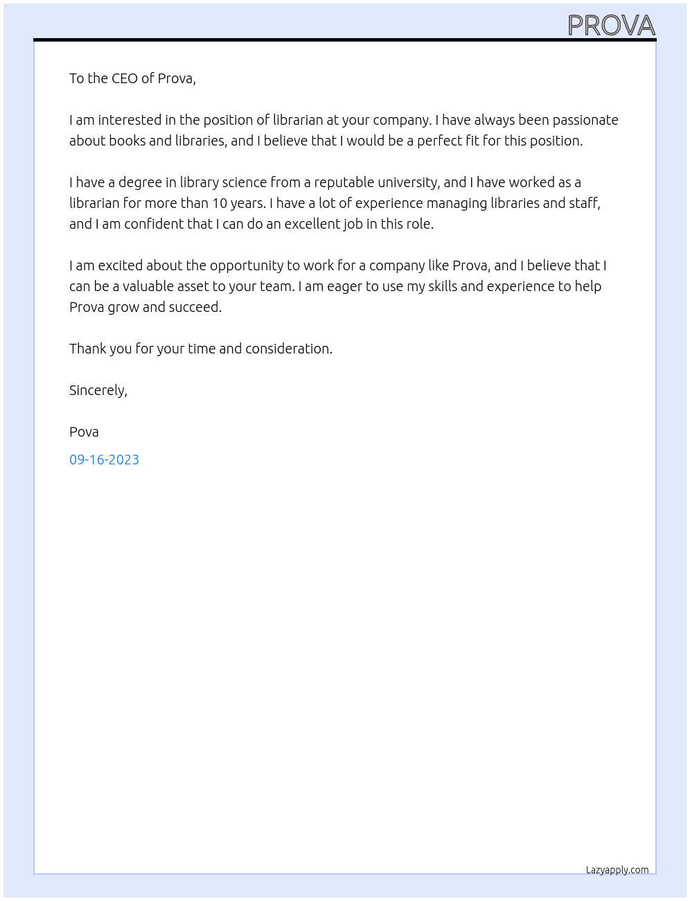 librarian At prova Cover Letter