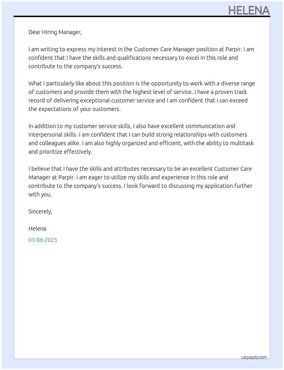 customer care manager At parpir Cover Letter