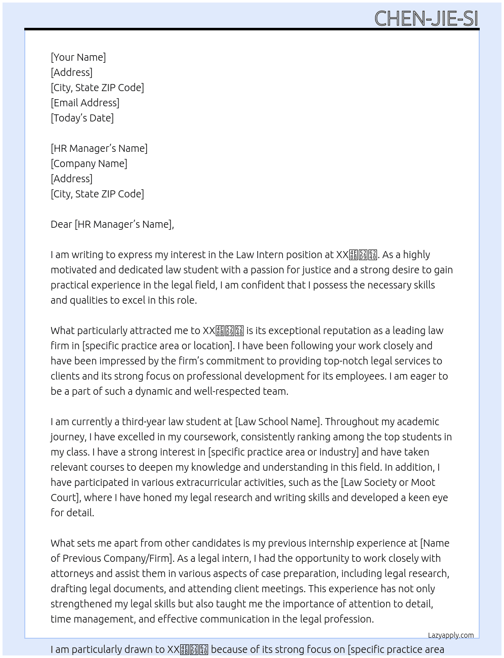 law intern At XX事務所 Cover Letter