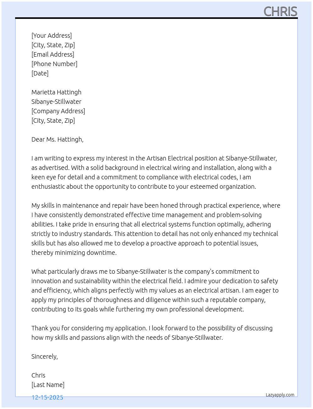 Artisan Electrical At Sibanye-Stillwater Cover Letter