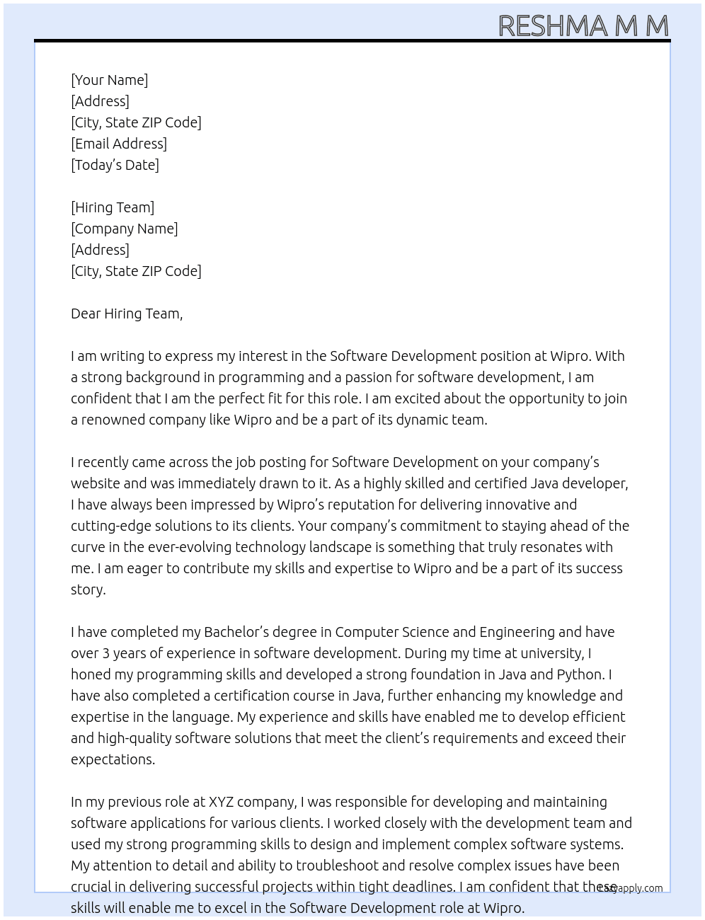Software Development  At Wipro  Cover Letter